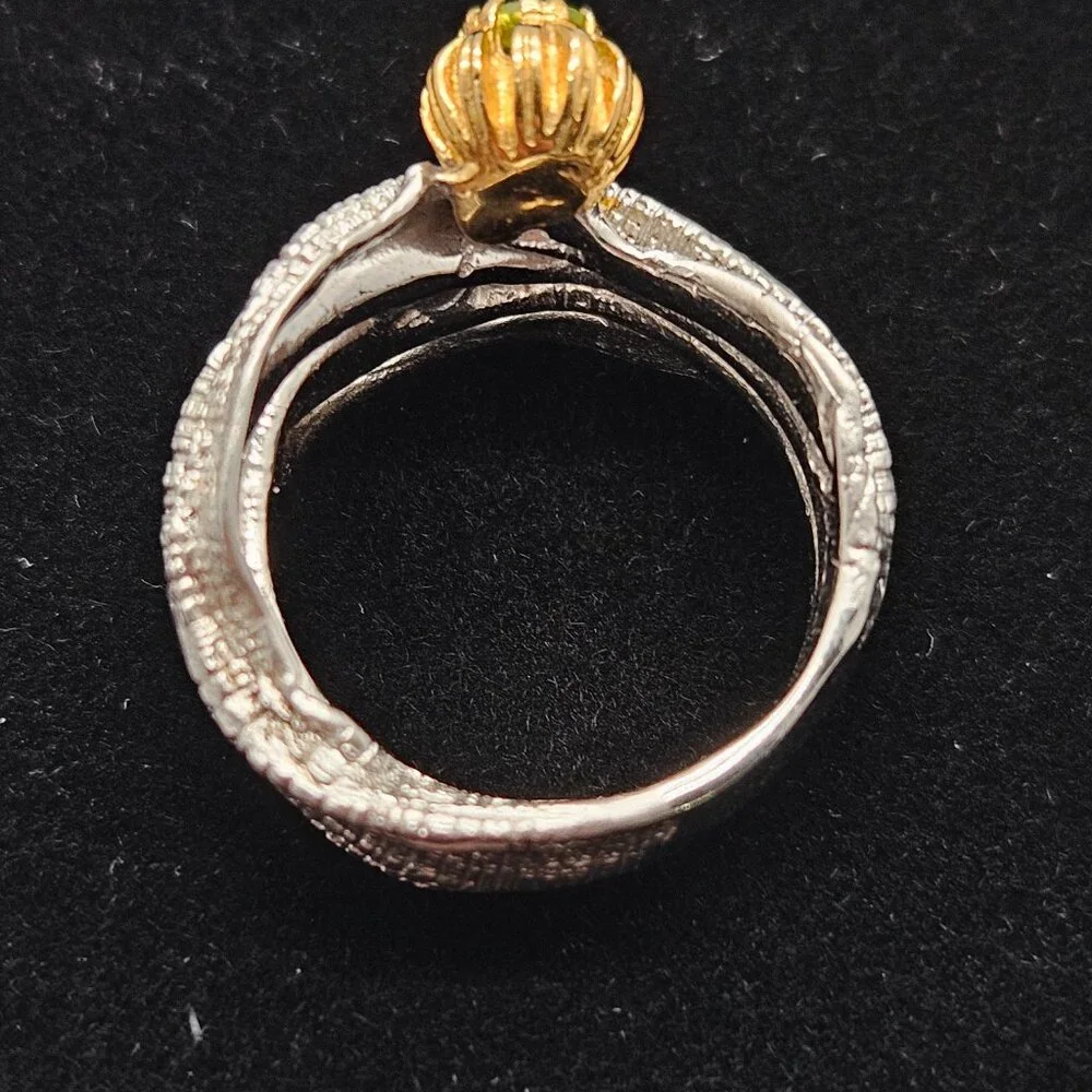 German Kabirski 925 Silver Blessing Peridot Ring sz 7.5 Gold Plated Rhodium